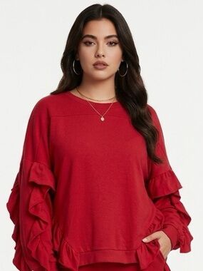 ABOUND | Ruffle Sleeve Oversized Sweatshirt Red Crewneck XL